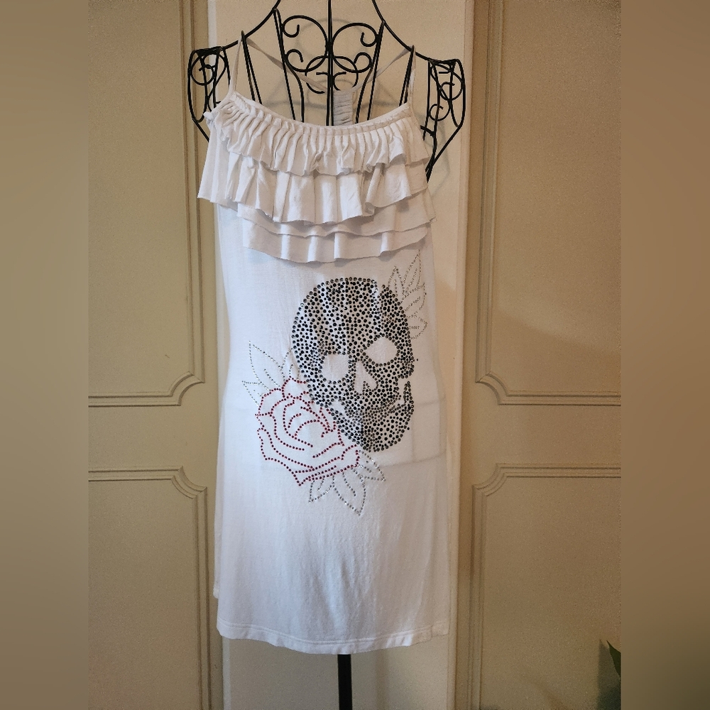 Vintage Y2k Silver Dagger Ruffled Rhinestone Skull Graphic Tank Top/ Mini Dress